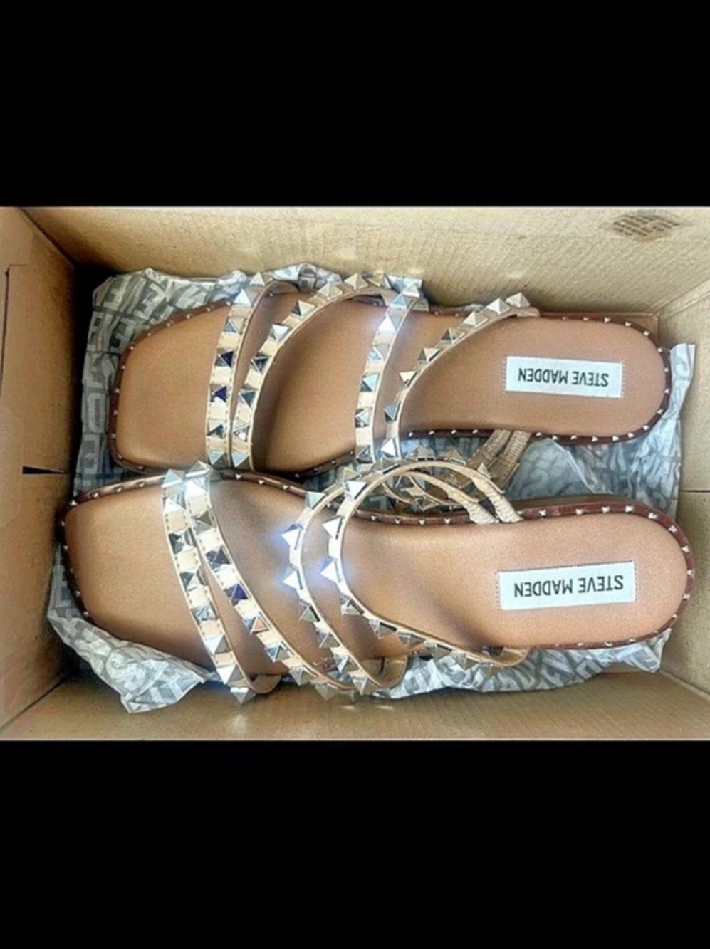 Steve Madden Tides Studded Strappy Flat Sandals Silver & Brown US 9